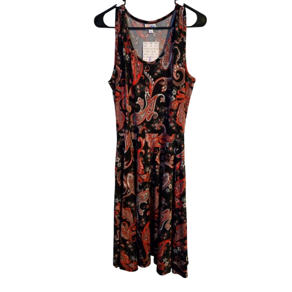 LuLaRoe Black Dress with Red and Orange Paisley Midi